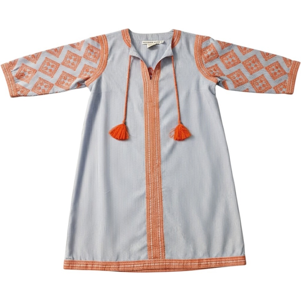 Gretchen Scott Blue White Striped Orange Embroidered Tassel Tunic Dress XL